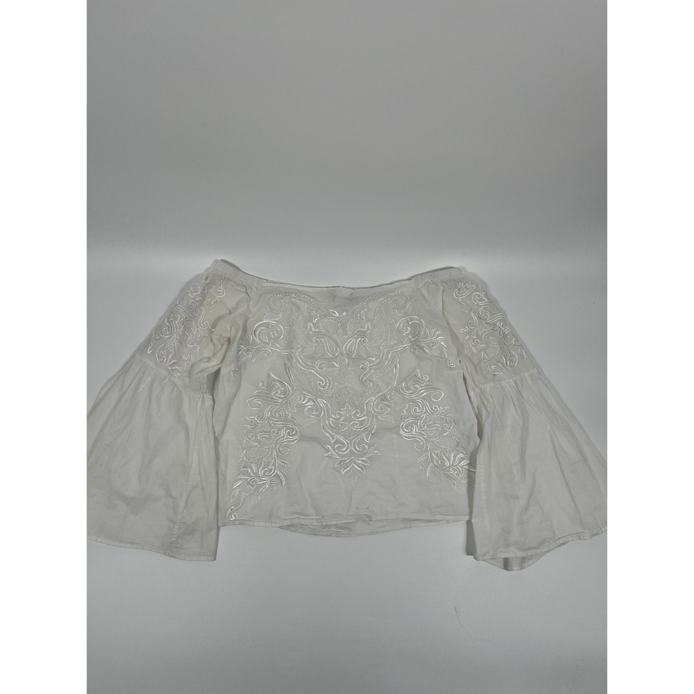 VTG Y2K Boho Fairy Cottage Coastal Womens Top M White Flare Sleeves‎ Embroidered